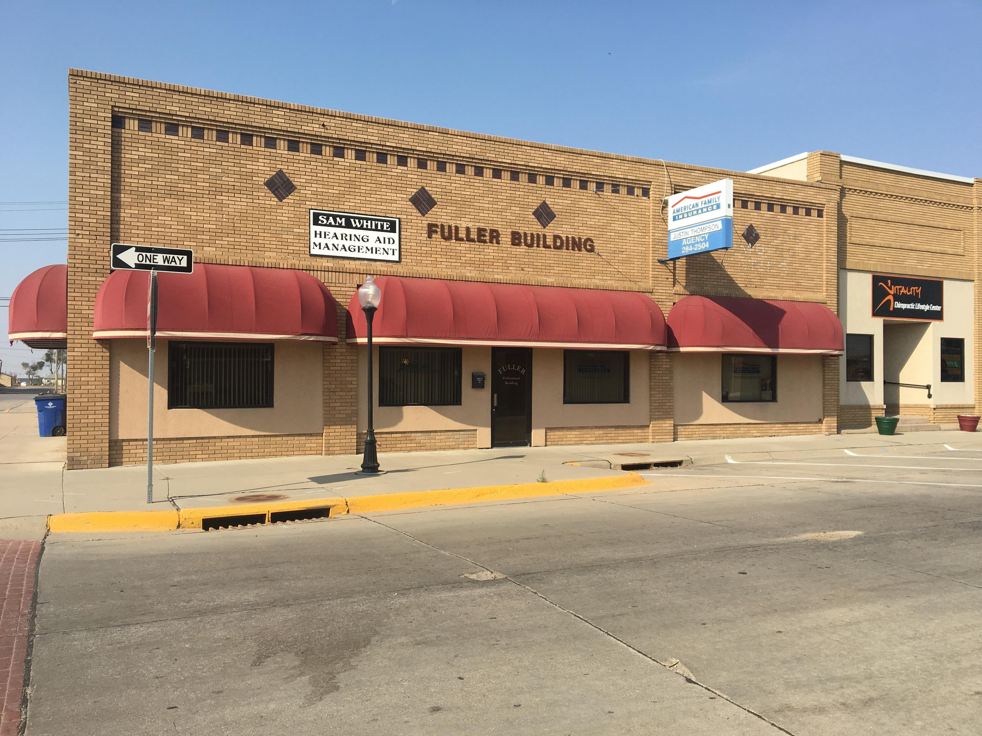 a building with signs on the front