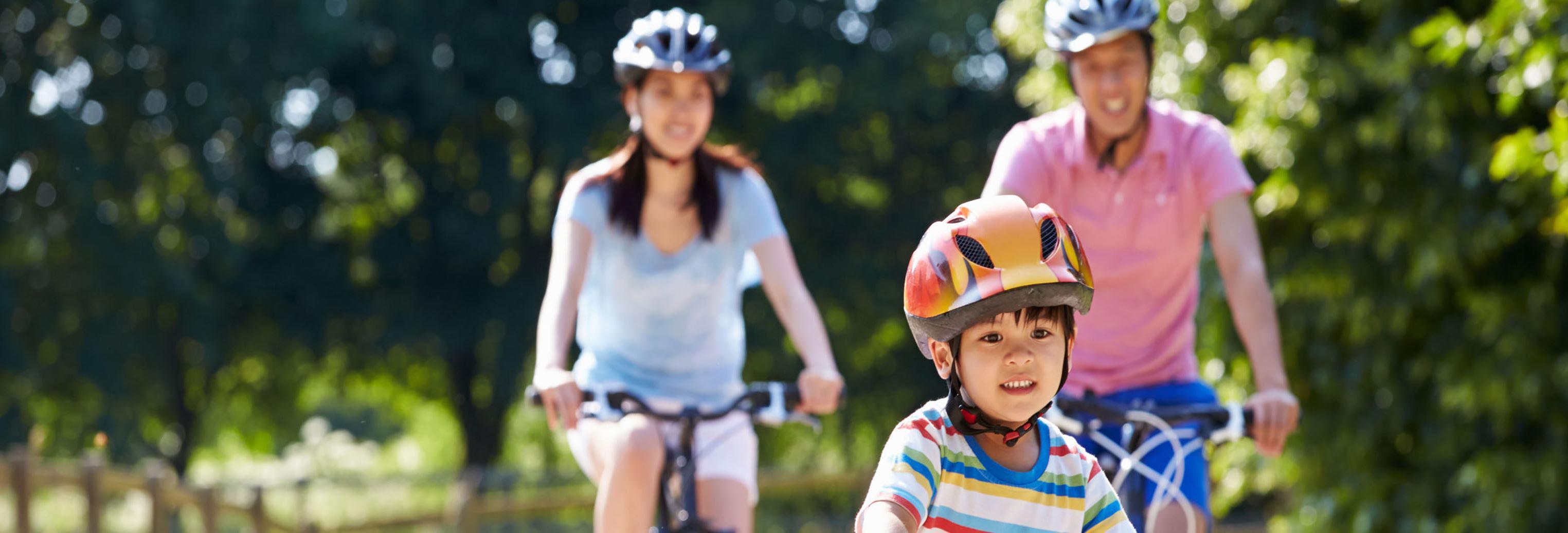 a family riding bikes