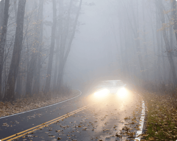 Car driving on a foggy evening. 