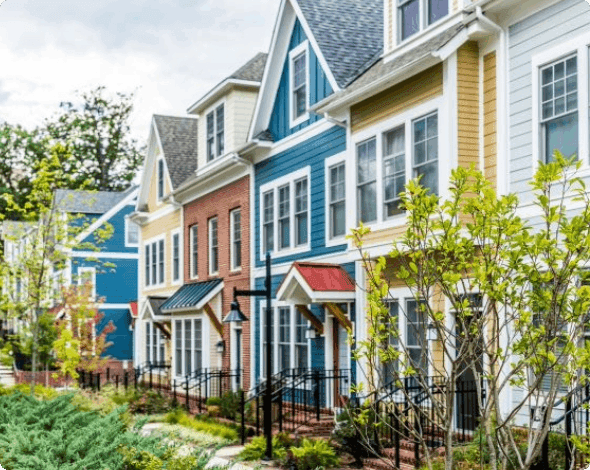 Row of colorful new townhouses. 