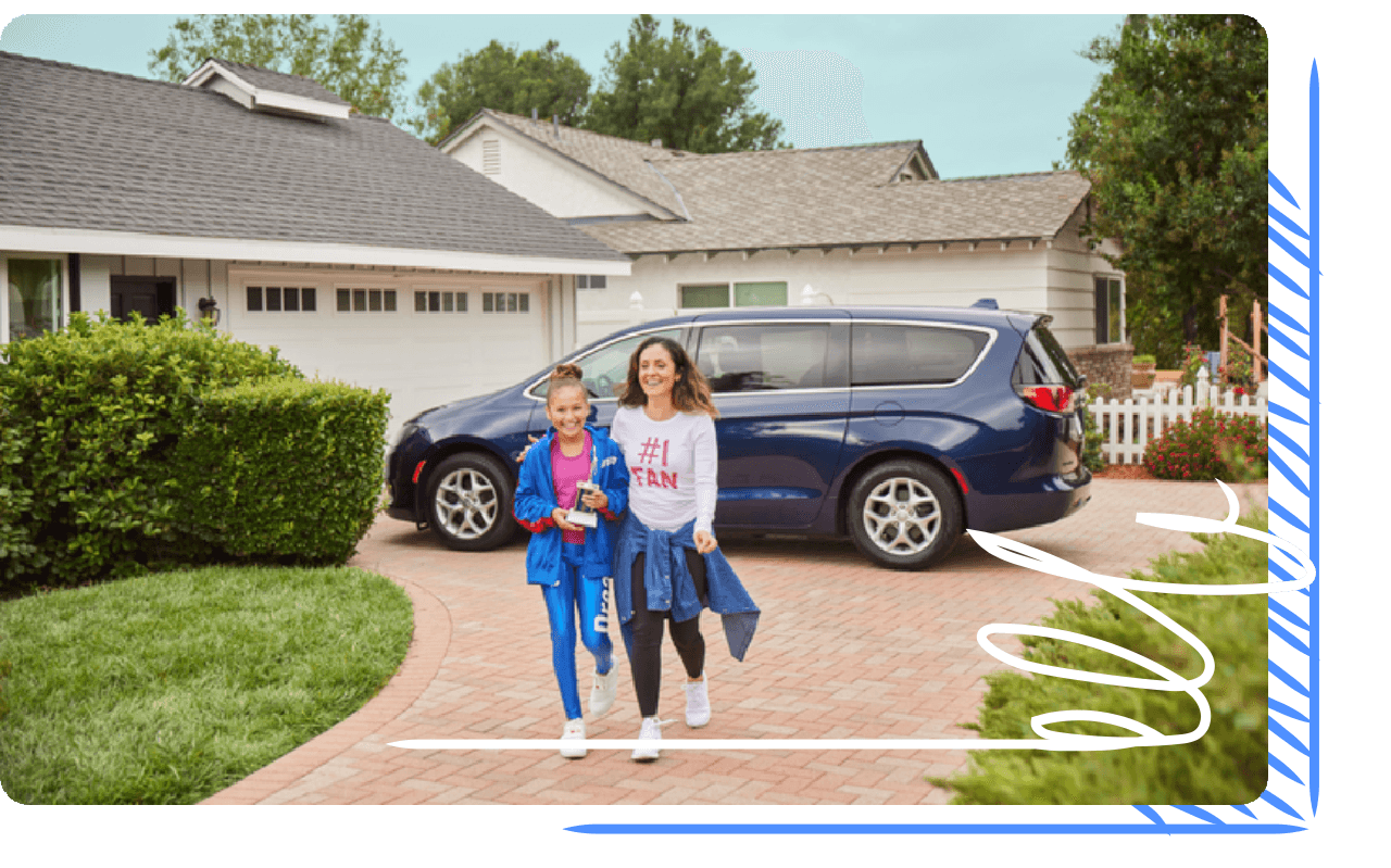 A mother and daughter walking in tandem coming out of their home's driveway